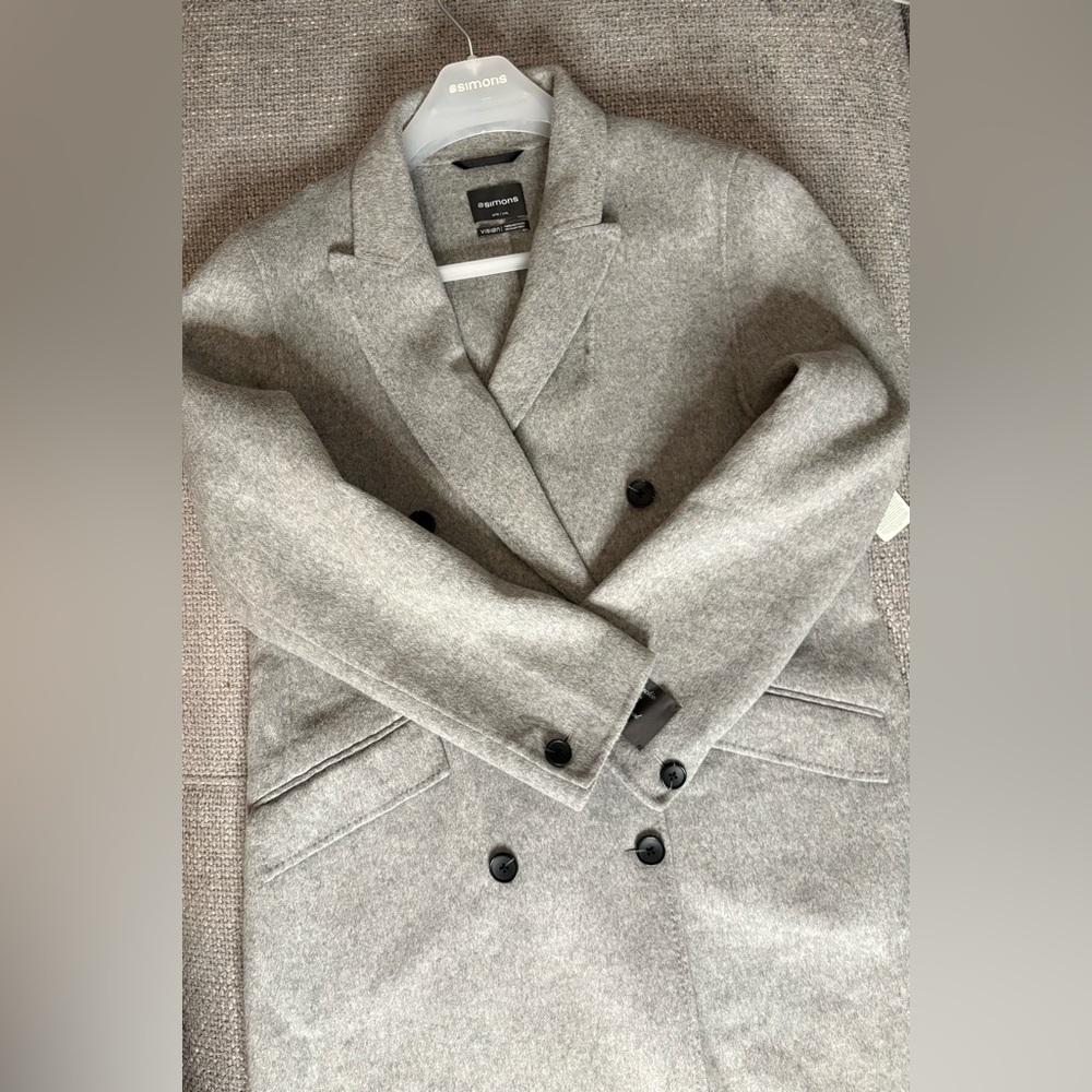 Simons Recycled Wool Blend Gray Double-Breasted Long Overcoat L/XL - Picture 11 of 14